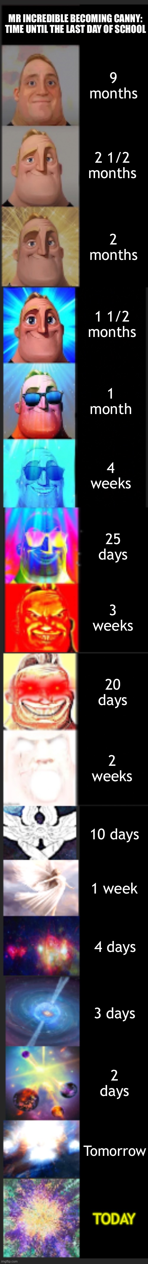 Mr incredible becoming canny: time until the last day of school | MR INCREDIBLE BECOMING CANNY: TIME UNTIL THE LAST DAY OF SCHOOL; 9 months; 2 1/2 months; 2 months; 1 1/2 months; 1 month; 4 weeks; 25 days; 3 weeks; 20 days; 2 weeks; 10 days; 1 week; 4 days; 3 days; 2 days; Tomorrow; TODAY | image tagged in mr incredible becoming canny extended | made w/ Imgflip meme maker