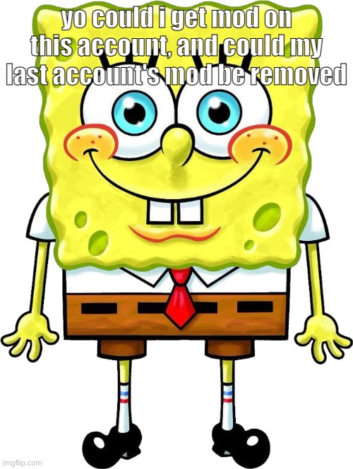 I'm Spongebob! | yo could i get mod on this account, and could my last account's mod be removed | image tagged in i'm spongebob | made w/ Imgflip meme maker