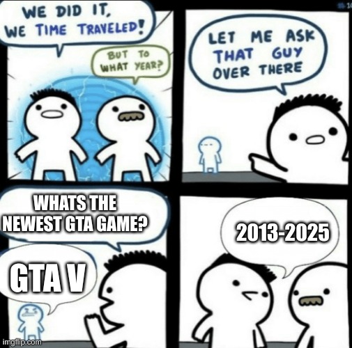 We have to wait 2 more years for GTA VI | WHATS THE NEWEST GTA GAME? 2013-2025; GTA V | image tagged in we did it we time traveled | made w/ Imgflip meme maker