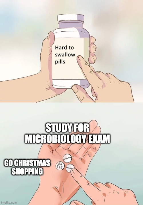 Hard To Swallow Pills | STUDY FOR MICROBIOLOGY EXAM; GO CHRISTMAS SHOPPING | image tagged in memes,hard to swallow pills | made w/ Imgflip meme maker