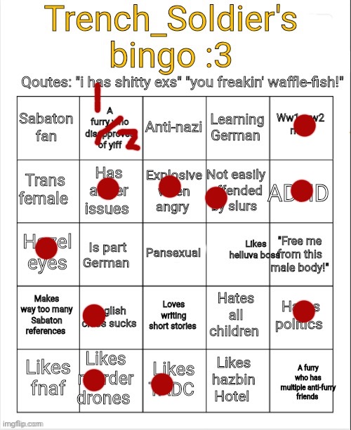 I’m not furry but I hate yiff | image tagged in trench_soldier's bingo | made w/ Imgflip meme maker