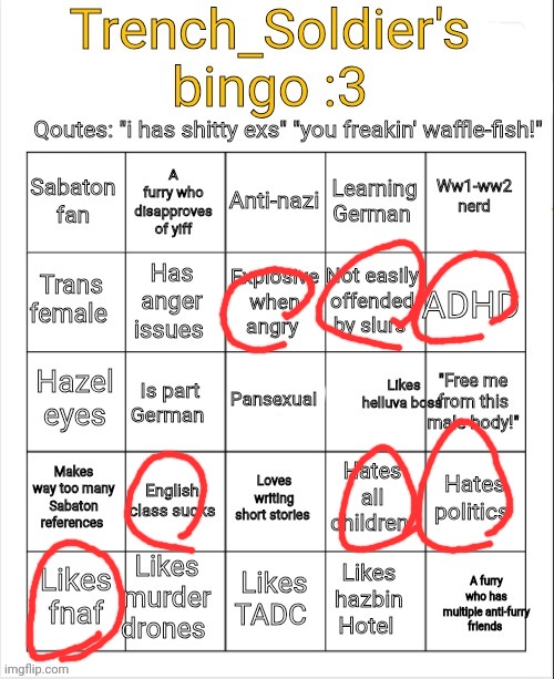 Trench_Soldier's bingo | image tagged in trench_soldier's bingo | made w/ Imgflip meme maker