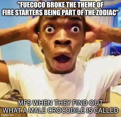 Hehe, still going strong. | "FUECOCO BROKE THE THEME OF FIRE STARTERS BEING PART OF THE ZODIAC"; MFS WHEN THEY FIND OUT WHAT A MALE CROCODILE IS CALLED | image tagged in shocked black guy | made w/ Imgflip meme maker