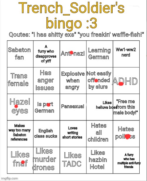 Trench_Soldier's bingo | image tagged in trench_soldier's bingo | made w/ Imgflip meme maker