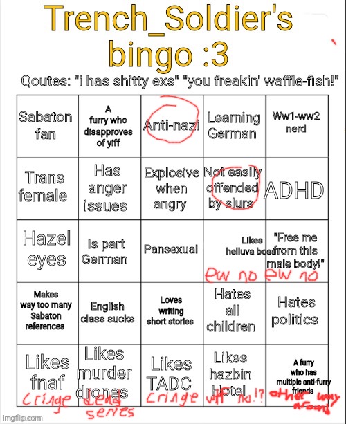 no offense but whoever made this needs to find some good fandoms | image tagged in trench_soldier's bingo | made w/ Imgflip meme maker