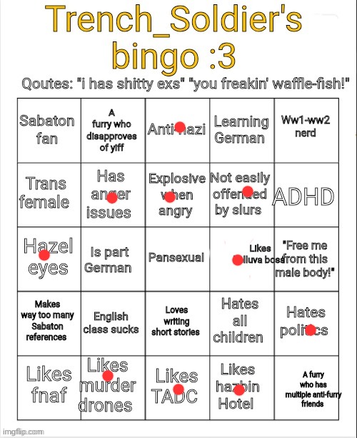 dam no bingo :( | image tagged in trench_soldier's bingo | made w/ Imgflip meme maker