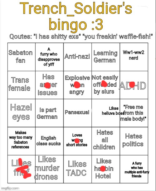 Trench_Soldier's bingo | image tagged in trench_soldier's bingo | made w/ Imgflip meme maker