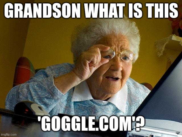 Careful Grandma that is a virus website! | GRANDSON WHAT IS THIS; 'GOGGLE.COM'? | image tagged in memes,grandma finds the internet | made w/ Imgflip meme maker