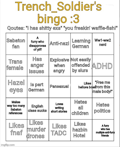 Trench_Soldier's bingo | image tagged in trench_soldier's bingo | made w/ Imgflip meme maker