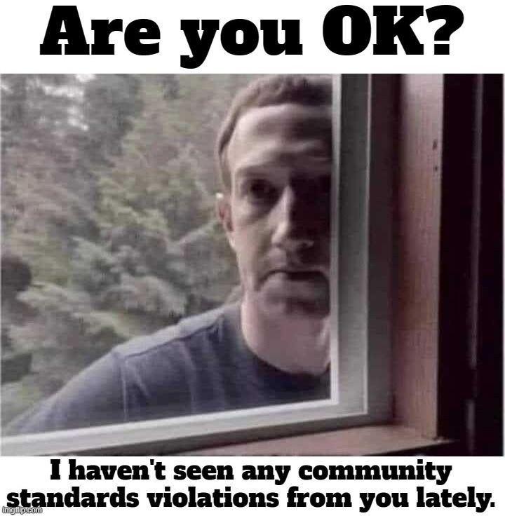 Are you OK? II haven't seen any community standards violations from you lately. | image tagged in mark zuckerberg,community standards,violations,big brother,zucked,zuck the cuck | made w/ Imgflip meme maker