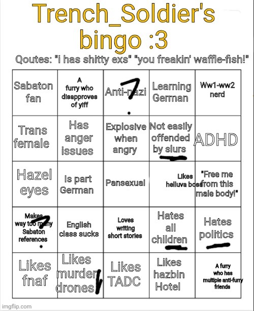 Weirdest bingo I've done | image tagged in trench_soldier's bingo,memes,funny,bingo | made w/ Imgflip meme maker