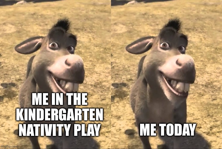 Donkey Me | ME IN THE KINDERGARTEN NATIVITY PLAY; ME TODAY | image tagged in shrek donkey please boss,nativity,donkey,ass,play | made w/ Imgflip meme maker