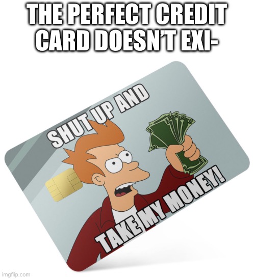 Dude, you should make this your credit card | THE PERFECT CREDIT CARD DOESN’T EXI- | image tagged in memes,shut up and take my money fry,credit card | made w/ Imgflip meme maker