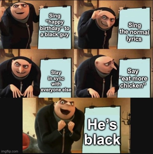 Damn. I accidentally did this today. | Sing the normal lyrics; Sing “happy birthday” to a black guy; Say “eat more chicken”; Stay in sync with everyone else; He’s black | image tagged in gru's plan still works | made w/ Imgflip meme maker