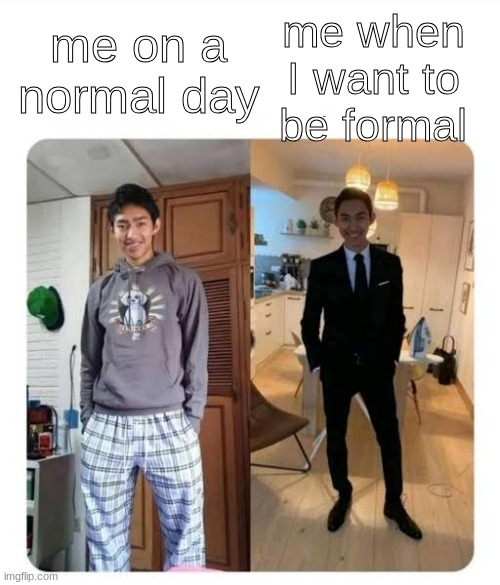 Men will be men Formal Informal | me when I want to be formal; me on a normal day | image tagged in men will be men formal informal | made w/ Imgflip meme maker