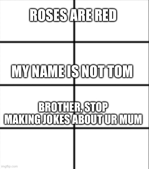 Roses are Red | ROSES ARE RED; MY NAME IS NOT TOM; BROTHER, STOP MAKING JOKES ABOUT UR MUM | image tagged in roses are red | made w/ Imgflip meme maker