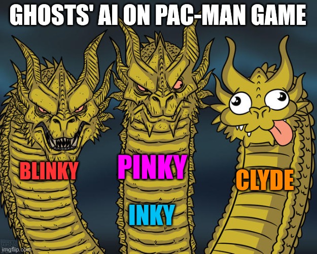 Three-headed Dragon (Ghosts' AI on PAC-MAN game) | GHOSTS' AI ON PAC-MAN GAME; PINKY; BLINKY; CLYDE; INKY | image tagged in three-headed dragon,memes,pacman | made w/ Imgflip meme maker