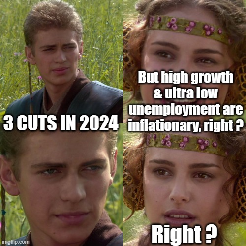 Anakin Padme 4 Panel | But high growth & ultra low unemployment are inflationary, right ? 3 CUTS IN 2024; Right ? | image tagged in anakin padme 4 panel | made w/ Imgflip meme maker