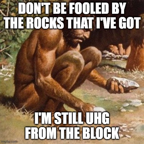 DON'T BE FOOLED BY THE ROCKS THAT I'VE GOT; I'M STILL UHG FROM THE BLOCK | image tagged in caveman,rock | made w/ Imgflip meme maker