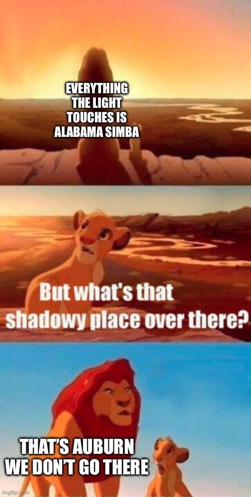 Simba Shadowy Place | EVERYTHING THE LIGHT TOUCHES IS ALABAMA SIMBA; THAT’S AUBURN WE DON’T GO THERE | image tagged in memes,simba shadowy place,alabama,auburn | made w/ Imgflip meme maker