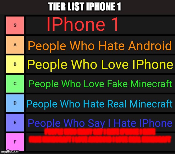 Tier List | TIER LIST IPHONE 1; IPhone 1; People Who Hate Android; People Who Love IPhone; People Who Love Fake Minecraft; People Who Hate Real Minecraft; People Who Say I Hate IPhone; PEOPLE WHO MANY SAY I HATE IPHONE I HATE FAKE MINECRAFT I LOVE ANDROID I LOVE REAL MINECRAFT | image tagged in tier list | made w/ Imgflip meme maker