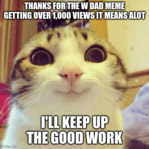 Smiling Cat Meme | THANKS FOR THE W DAD MEME GETTING OVER 1,000 VIEWS IT MEANS ALOT; I'LL KEEP UP THE GOOD WORK | image tagged in memes,smiling cat | made w/ Imgflip meme maker