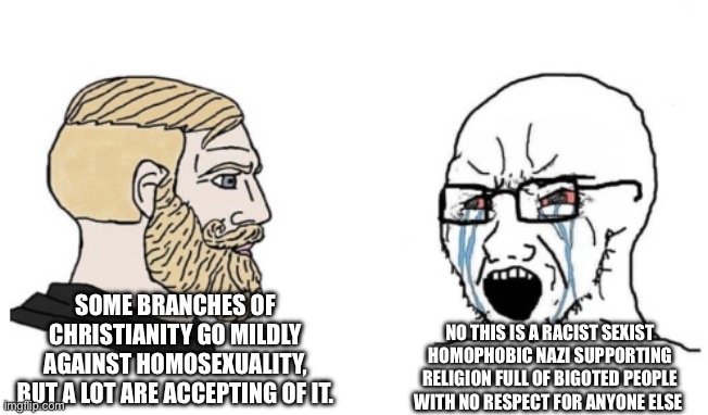 Fr tho they’re never happy | SOME BRANCHES OF CHRISTIANITY GO MILDLY AGAINST HOMOSEXUALITY, BUT A LOT ARE ACCEPTING OF IT. NO THIS IS A RACIST SEXIST HOMOPHOBIC NAZI SUPPORTING RELIGION FULL OF BIGOTED PEOPLE WITH NO RESPECT FOR ANYONE ELSE | image tagged in chad vs wojak backwards | made w/ Imgflip meme maker