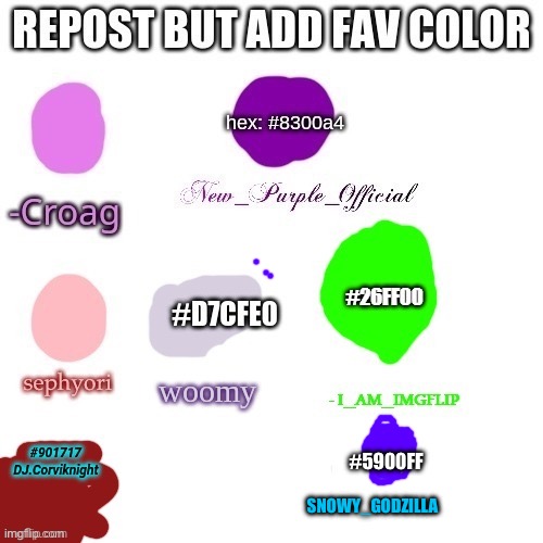 Repost but add fave color :) | #5900FF; SNOWY_GODZILLA | image tagged in repost but add fav color | made w/ Imgflip meme maker