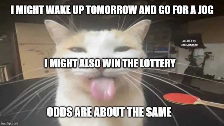 Milly the silly cat Bleh Cat | I MIGHT WAKE UP TOMORROW AND GO FOR A JOG; MEMEs by Dan Campbell; I MIGHT ALSO WIN THE LOTTERY; ODDS ARE ABOUT THE SAME | image tagged in milly the silly cat bleh cat | made w/ Imgflip meme maker