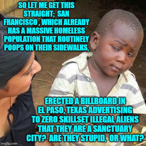 Some say stupid.  Some say insane.  What difference does it make when the end result is the same? | SO LET ME GET THIS STRAIGHT;  SAN FRANCISCO , WHICH ALREADY HAS A MASSIVE HOMELESS POPULATION THAT ROUTINELY POOPS ON THEIR SIDEWALKS, ERECTED A BILLBOARD IN EL PASO, TEXAS ADVERTISING TO ZERO SKILLSET ILLEGAL ALIENS THAT THEY ARE A SANCTUARY CITY?  ARE THEY STUPID,  OR WHAT? | image tagged in third world skeptical kid | made w/ Imgflip meme maker
