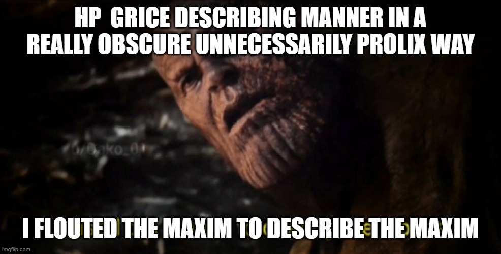 I used the stones to destroy the stones | HP  GRICE DESCRIBING MANNER IN A REALLY OBSCURE UNNECESSARILY PROLIX WAY; I FLOUTED THE MAXIM TO DESCRIBE THE MAXIM | image tagged in i used the stones to destroy the stones,linguisticshumor | made w/ Imgflip meme maker