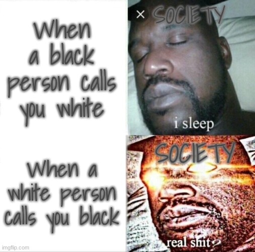 i mean... i'm not wrong | When a black person calls you white; SOCIETY; SOCIETY; When a white person calls you black | image tagged in memes,sleeping shaq | made w/ Imgflip meme maker