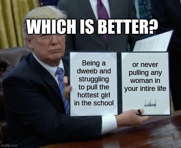 Trump Bill Signing Meme | WHICH IS BETTER? Being a dweeb and struggling to pull the hottest girl in the school; or never pulling any woman in your intire life | image tagged in memes,trump bill signing | made w/ Imgflip meme maker
