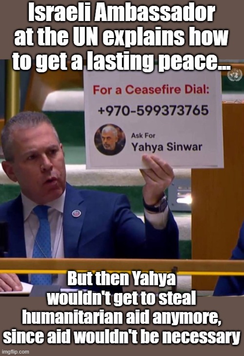 If teh world put pressure on the Hamas billionaires, from the river to the sea, peace would start to surely be... | Israeli Ambassador at the UN explains how to get a lasting peace... But then Yahya wouldn't get to steal humanitarian aid anymore, since aid wouldn't be necessary | image tagged in un,israel,hamas,gaza | made w/ Imgflip meme maker