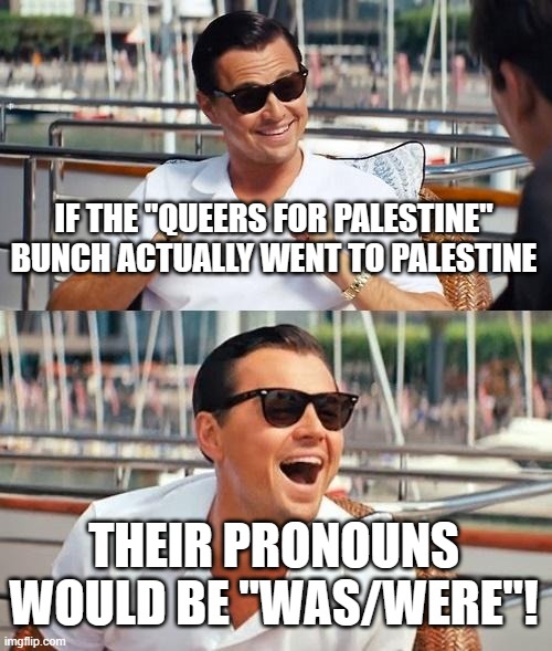Leonardo Dicaprio Wolf Of Wall Street Meme | IF THE "QUEERS FOR PALESTINE" BUNCH ACTUALLY WENT TO PALESTINE; THEIR PRONOUNS WOULD BE "WAS/WERE"! | image tagged in memes,leonardo dicaprio wolf of wall street | made w/ Imgflip meme maker