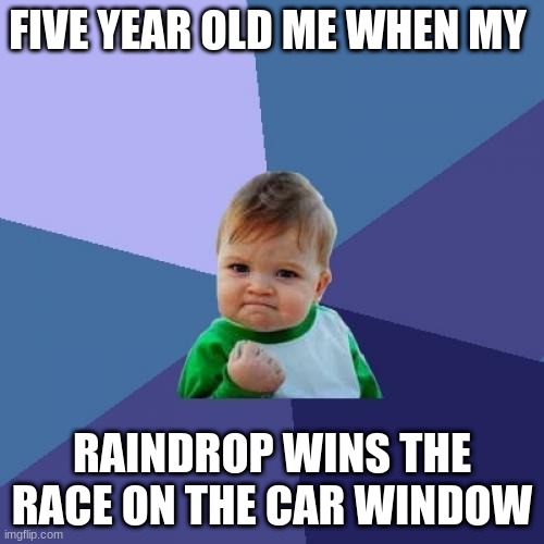 lol | FIVE YEAR OLD ME WHEN MY; RAINDROP WINS THE RACE ON THE CAR WINDOW | image tagged in memes,success kid | made w/ Imgflip meme maker