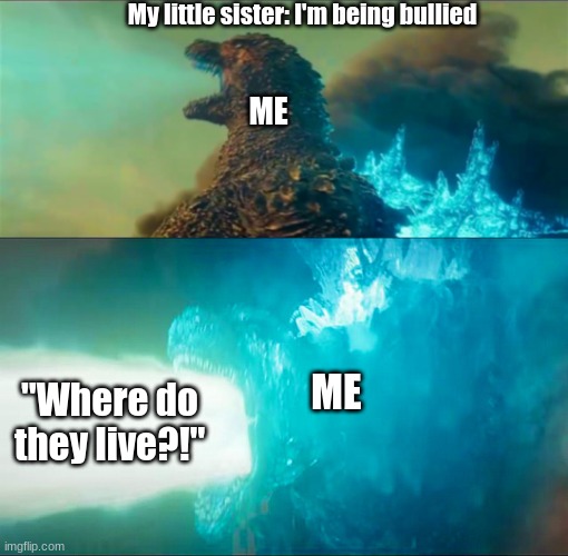 Only Older Brothers can do That | My little sister: I'm being bullied; ME; ME; "Where do they live?!" | image tagged in godzilla atomic breath in -1 0 | made w/ Imgflip meme maker