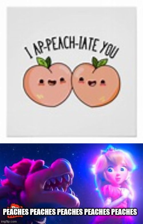 PEACHES PEACHES PEACHES PEACHES PEACHES | image tagged in peaches,bowser,puns | made w/ Imgflip meme maker