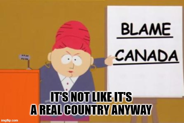 blame canada | IT'S NOT LIKE IT'S A REAL COUNTRY ANYWAY | image tagged in blame canada | made w/ Imgflip meme maker