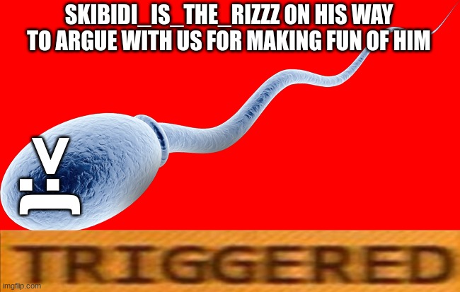 link in comments to bully the ever living shit out of this unfunny five-year-old | SKIBIDI_IS_THE_RIZZZ ON HIS WAY TO ARGUE WITH US FOR MAKING FUN OF HIM; >:( | image tagged in sperm cell | made w/ Imgflip meme maker