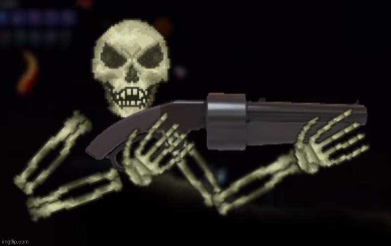 skeletron with gun | image tagged in skeletron with gun | made w/ Imgflip meme maker