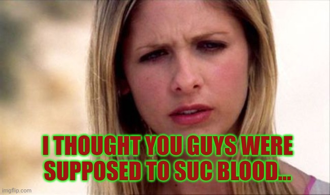 Buffy The Vampire Slayer WTF | I THOUGHT YOU GUYS WERE SUPPOSED TO SUC BLOOD... | image tagged in buffy the vampire slayer wtf | made w/ Imgflip meme maker