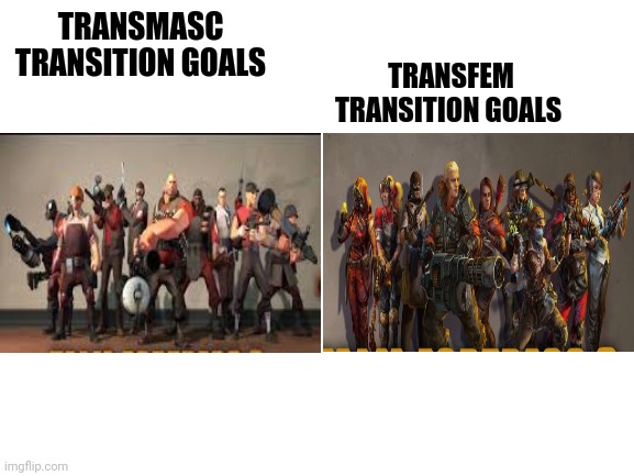 Blank White Template | TRANSFEM TRANSITION GOALS; TRANSMASC TRANSITION GOALS | image tagged in blank white template | made w/ Imgflip meme maker