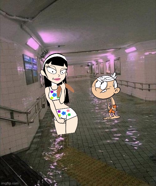 Nat holds onto Lincoln | image tagged in flooded subway,lincoln loud,nickelodeon,deviantart,the loud house,bikini | made w/ Imgflip meme maker