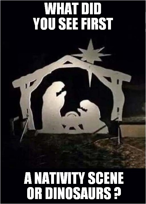 What's Happening ? | WHAT DID YOU SEE FIRST; A NATIVITY SCENE
OR DINOSAURS ? | image tagged in nativity scene,dinosaurs | made w/ Imgflip meme maker