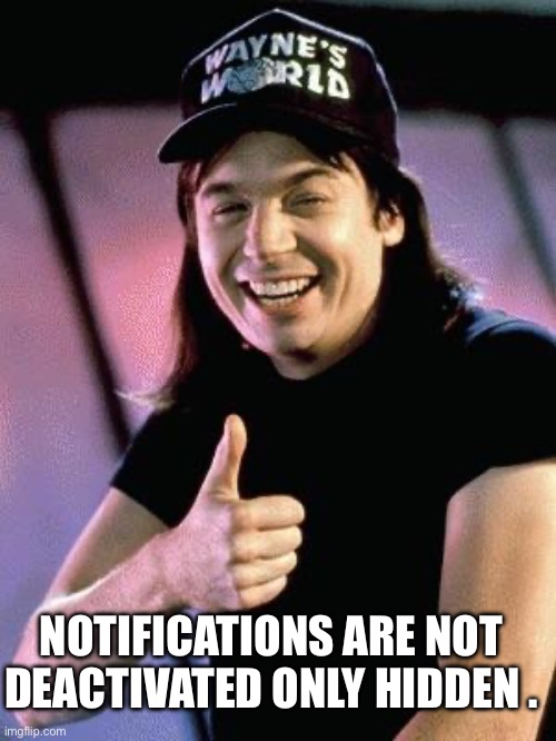 Sorry | NOTIFICATIONS ARE NOT DEACTIVATED ONLY HIDDEN . | image tagged in wayne's world | made w/ Imgflip meme maker