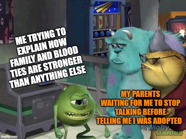 ＼（〇_ｏ）／ | ME TRYING TO EXPLAIN HOW FAMILY AND BLOOD TIES ARE STRONGER THAN ANYTHING ELSE; MY PARENTS WAITING FOR ME TO STOP TALKING BEFORE TELLING ME I WAS ADOPTED | image tagged in mike wazowski trying to explain | made w/ Imgflip meme maker