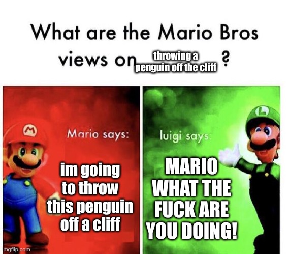 Mario Bros Views | im going to throw this penguin off a cliff MARIO WHAT THE FUCK ARE YOU DOING! throwing a penguin off the cliff | image tagged in mario bros views | made w/ Imgflip meme maker