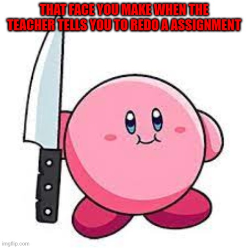 Kirby with a knife | THAT FACE YOU MAKE WHEN THE TEACHER TELLS YOU TO REDO A ASSIGNMENT | image tagged in kirby,knife,rage | made w/ Imgflip meme maker