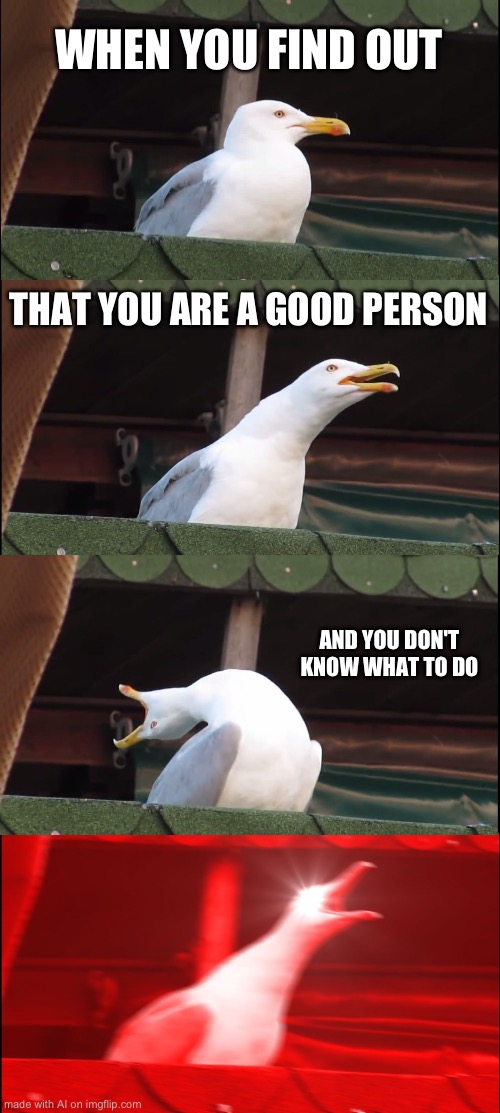 Ai is having a positive mental breakdown | WHEN YOU FIND OUT; THAT YOU ARE A GOOD PERSON; AND YOU DON'T KNOW WHAT TO DO | image tagged in memes,inhaling seagull | made w/ Imgflip meme maker